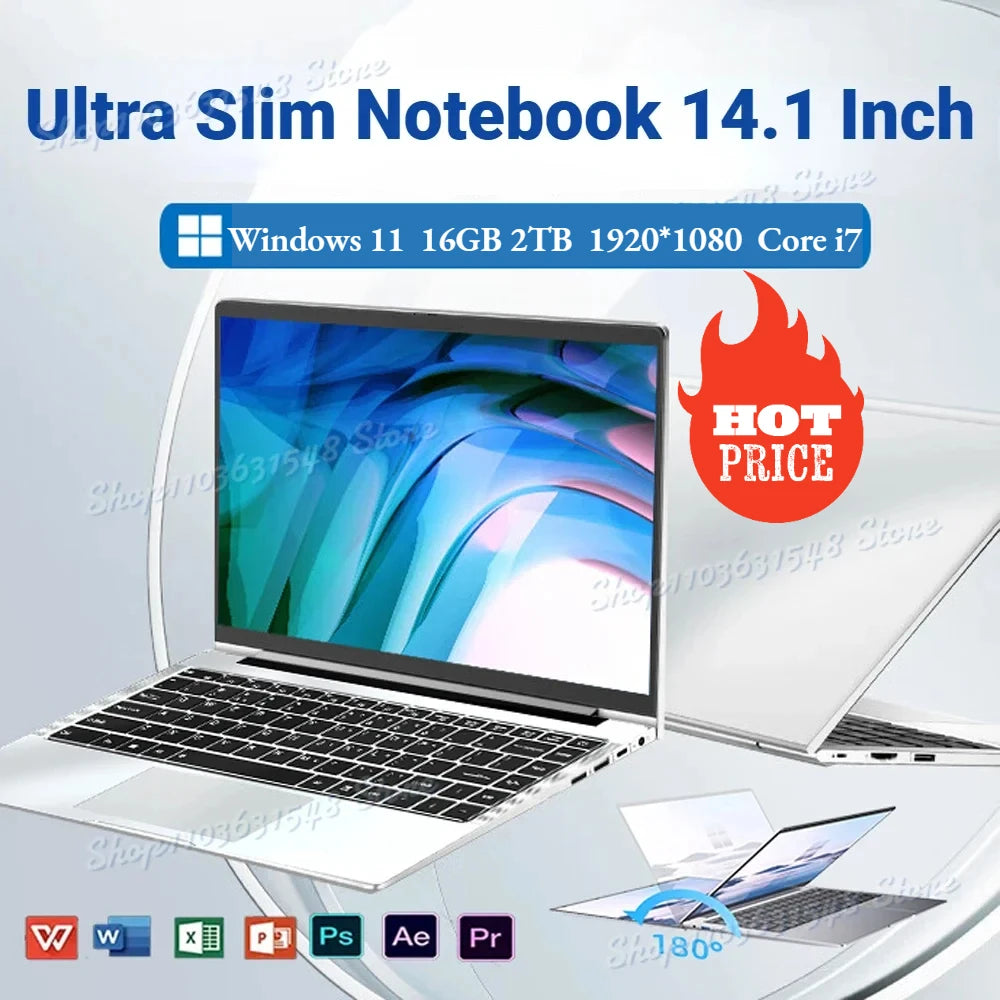 2024 Ultra Slim i7 Laptop 14.1 Inch Intel Core i7-7500U Windows 11 16GB RAM 1TB 2TB SSD 1920*1080 Notebook Computer Portable PC