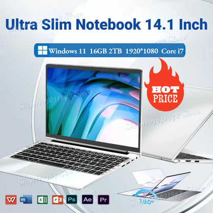 2024 Ultra Slim i7 Laptop 14.1 Inch Intel Core i7-7500U Windows 11 16GB RAM 1TB 2TB SSD 1920*1080 Notebook Computer Portable PC