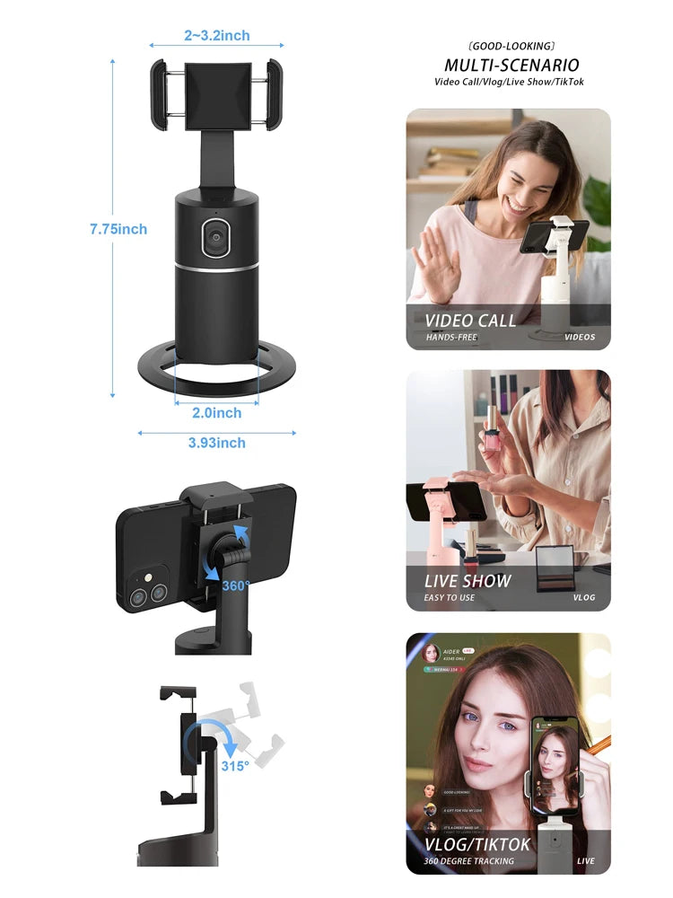 Auto Tracking Phone Holder 360° Rotation Motion Tracking Mount Selfie Tracking Tripod For Vlogging,Streaming Gimbal Stabilizer