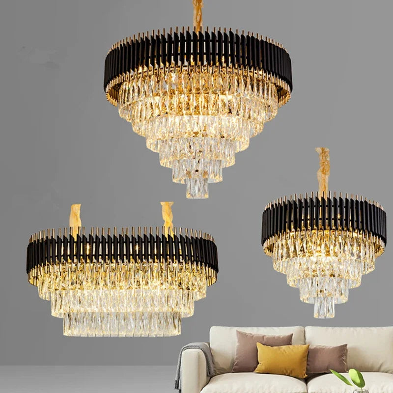 LED Luxury Black Gold Crystal Chandeliers For Living Room Kitchen Island Lustre Hanging Pendant Lamp Indoor Lighting Fixture