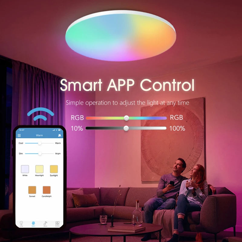 54W Lustre Smart APP Bluetooth RGB Ceiling Lamp LED Round 220V Remote Control Home Decor Ambient Light Bedroom Living Room Party