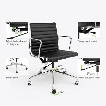 Mid Back Classic Genuine Leather Office Chair Ergonomic Office Chair Adjustable Swivel Leather Computer Desk Gaming Chair