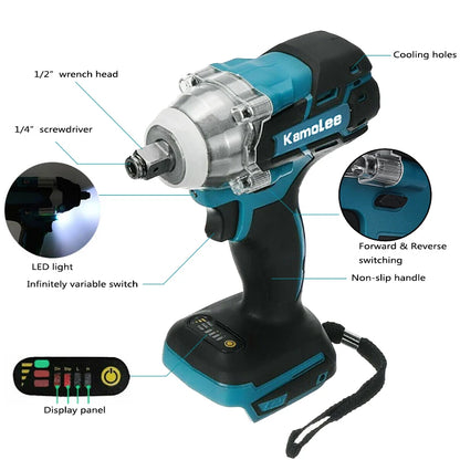 Kamolee Tool DTW285 520N.m High Torque Brushless Electric Impact Wrench 1/2 & 1/4 Inch Compatible With Makita 18V Battery