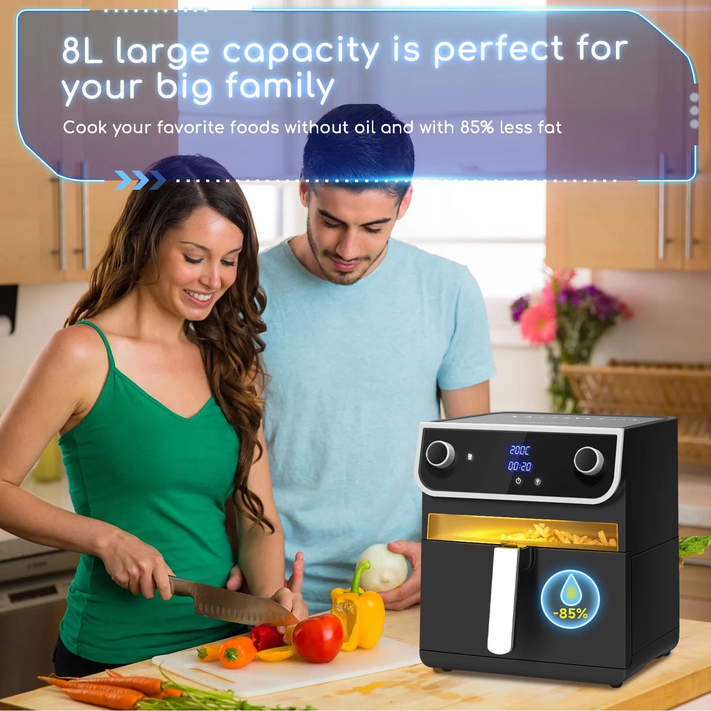 8L Oil Free Fryer, Display Window Air Fryer, 12 Preset Functions + Manual, LED Touch Screen, Dual Use: With Basket or Drawer, No BPA, 1700 W