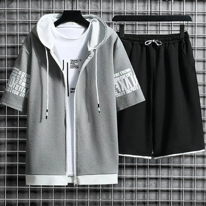 Fashion Men's Sets Hooded Summer Casual Sportswear Men Short Sleeve Zipper Tops+shorts 2 Piece Hip Hop Streetwear Male Tracksuit