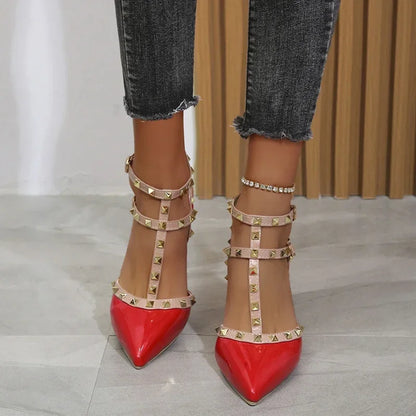 Women's Shoes Rivets Sandals Female Summer  Thick with Fine with High-heeled Shoes Pointed Stiletto Sexy Nightclub Shoes