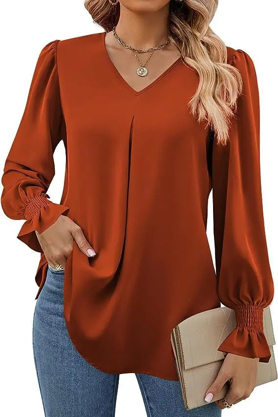 Women's New Solid Color Chiffon Shirt V-neck Pullover Flared Long Sleeved Top Shirt Office Lady Elegant Khaki Loose Blouses