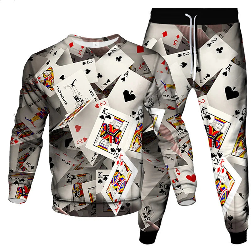 Fashion Autumn Poker 3D Print Men's Sportswear Set Casual Long-Sleeved T Shirt Pants 2-Piece Set Oversized Pullover Men Clothing