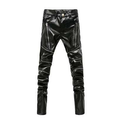 New Winter Men Skinny Biker Pu Leather Pants High Street Fashion Motorcycle Trousers for Male Stage Club Wear