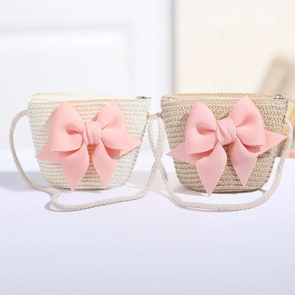 Cute Bow Straw Shoulder Bags Baby Girls Handmade Woven Crossbody Bag Princess Kids Messenger Bags Mini Coin Purse Beach Handbags