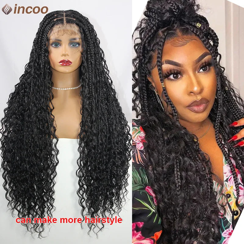 Long 32 Boho Braided Full Lace Front Wigs 613 Blonde Curly Goddess Locs Wigs Pre Plucked With Baby Hair Synthetic Box Braids Wig