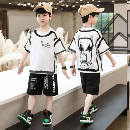 Summer Boys Cotton Contrast Alphabet Cartoon t-Shirt Tops+Short Pants Set School Kids Tracksuit Child 2PCS Outfit Suit 5-14 Yrs