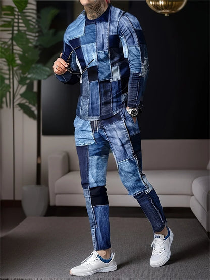 Autumn Men's Sportswear Suit Mens Long-sleeved T-shirt Long Pants Suit Retro Quilted Print Casual Street Tops Two-piece Clothing