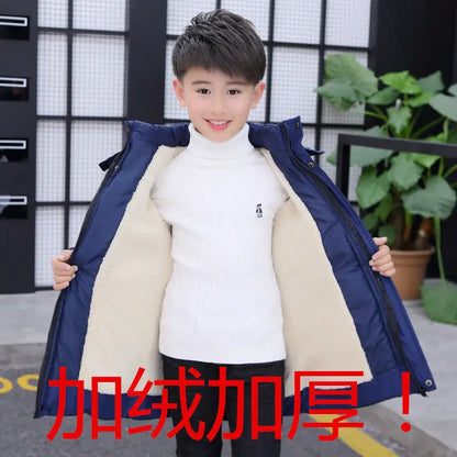 2023 New 4-14 Years Very Keep Warm Winter Boys Jacket Teenager Mid-Length Plus Velvet Thickening  Hooded Cotton Coat For Kids