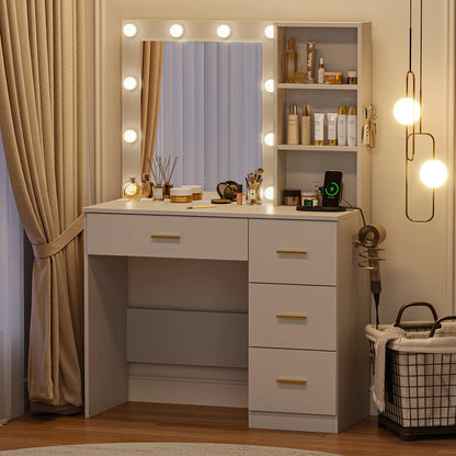 White Makeup Vanity Desk with Mirror and Lights & Charging Station, 4 Drawers and Cabinets, with Charging Station Dressing Table