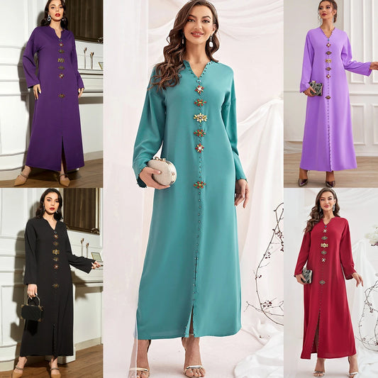 Luxury Rhinestone Women Long Dress Islamic Abaya Moroccan Caftan Arab Jalabiya Middle East Muslim Maxi Robe Ramadan Eid Mubarak