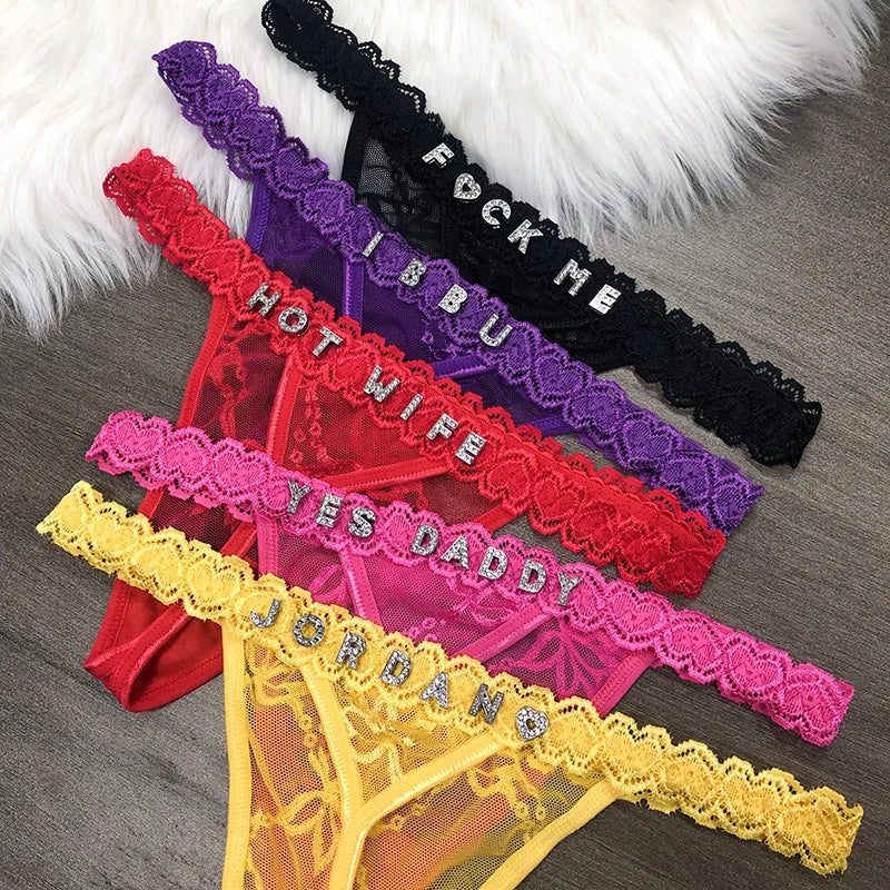 M L XL Size Custom Name Panties Crystal Letters Personalised Thongs Women Lace Bikini G-String Girlfriend Birthday Hotwife Gift