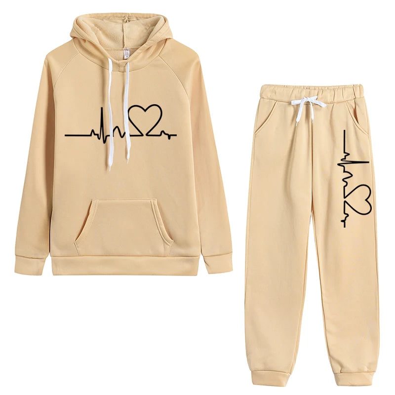 Women's 2-piece Set, Hooded Sweatshirt And Printed Pants, Running Sportswear, Girls' Warm Sportswear, Autumn And Winter