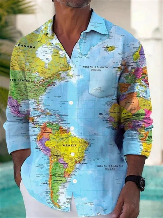 Fashion Earth Map Graphic Shirts For Men Street Style Casual Unisex Retro 3D World Map Print Long Sleeve Shirt Designer Clothes