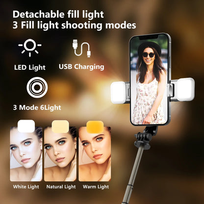 Double Fill Light Selfie Stick Tripod with Wireless Remote, Mini Extendable 4 in 1 Monopod - 360° Rotation Phone Stand Holder