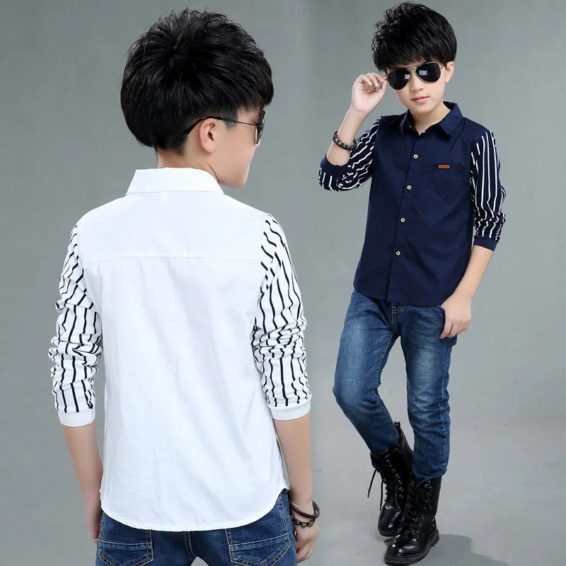 Children's Wear Boys Shirt Long Sleeve Autumn Wear Children's Casual Kids Striped Shirt 4-14 Ages Navy Blue White Kids Stripe