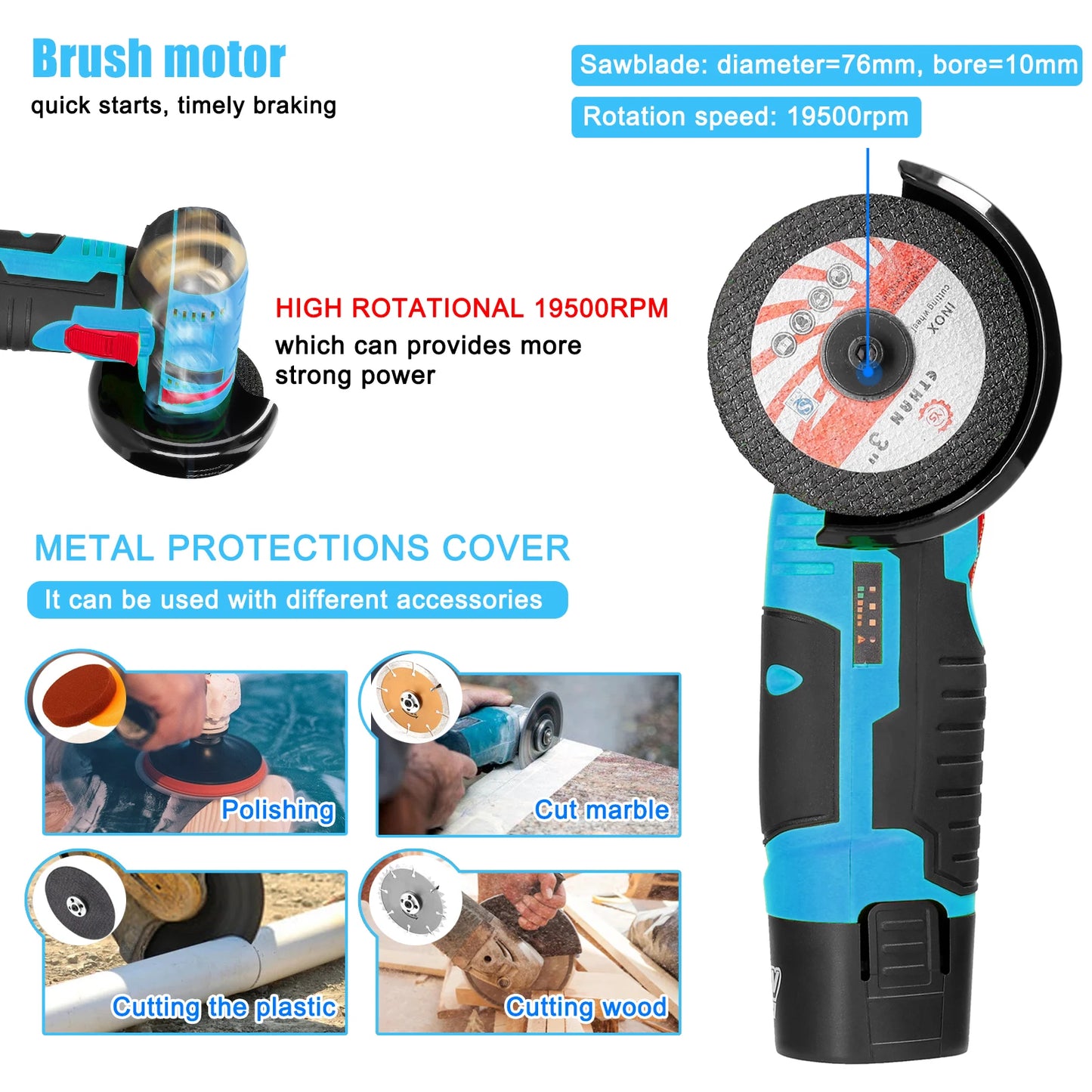 12V 19500rpm Electric Grinding Tool Multifunctional Mini Grinder Handheld Cutter for Cutting Polishing Ceramic Tile Wood Stone