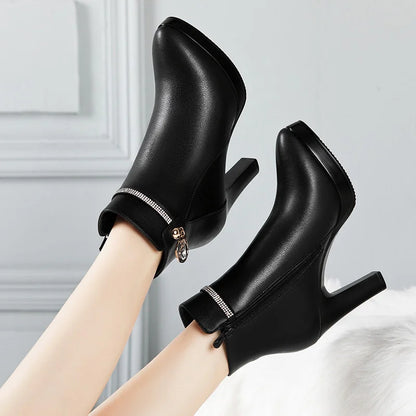 Comfortable Fashion Soft Leather Winter Shoes Platform Boots 2024 Elegant Black Block High Heel Plush Non-slip Ankle Boots