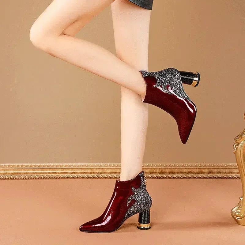 Luxury Women's Red Short Boots New  Autumn Winter Fashion Trend Plush High Heels Party Wedding Casual Shoes Travel Dancing 2024