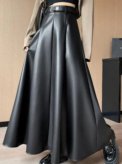 Women Black Elegant Party Pleated Long Skirt Fall Winter French Leisure Retro Brown High Waist Slim Pu Leather Half Length Skirt