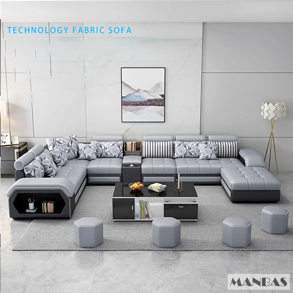 MANBAS Fabric Sofa Set Furniture Living Room Sofa Set with USB and Stools / Big U Shape Cloth Couch Sofas for Home Furniture