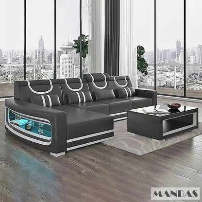 Upgrade Your Living Room with MINGDIBAO Italian Genuine Leather Sofa - 2 Colors Combination, LED Light & Soft Cushions