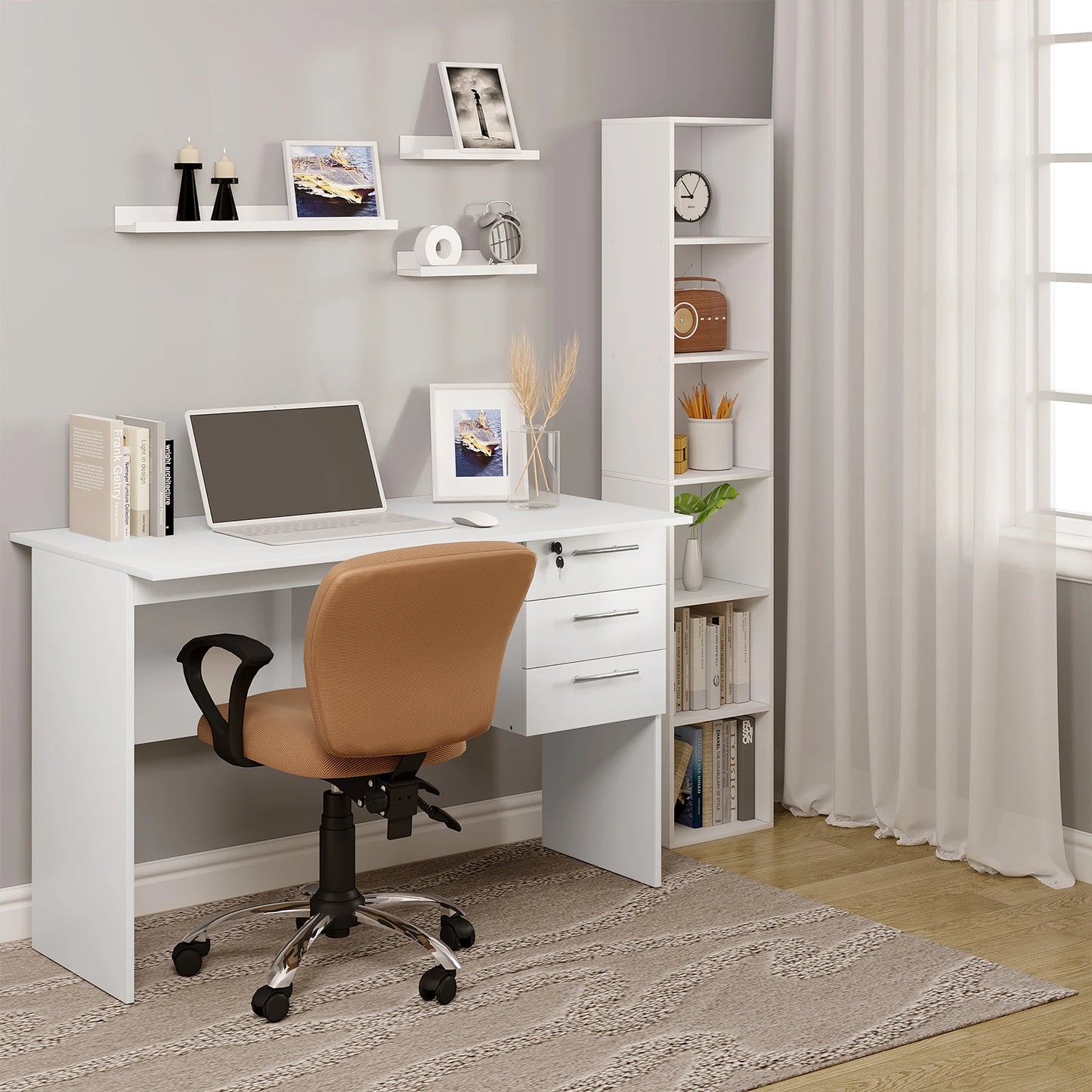 WOLTU Computer Office Desk Black/ White Chipboard Table PC Work Study Table with 3 Drawers Lock for Bedroom Writing Tables