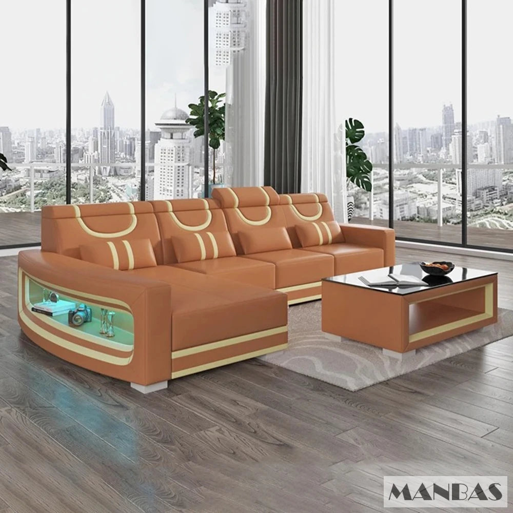 Upgrade Your Living Room with MINGDIBAO Italian Genuine Leather Sofa - 2 Colors Combination, LED Light & Soft Cushions