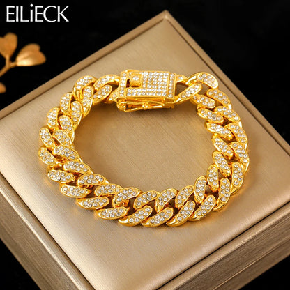 EILIECK 316L Stainless Steel Gold Color Cuban Chain Bracelet For Women Men Trendy Punk Waterproof Wrist Chain Jewelry Gift Party