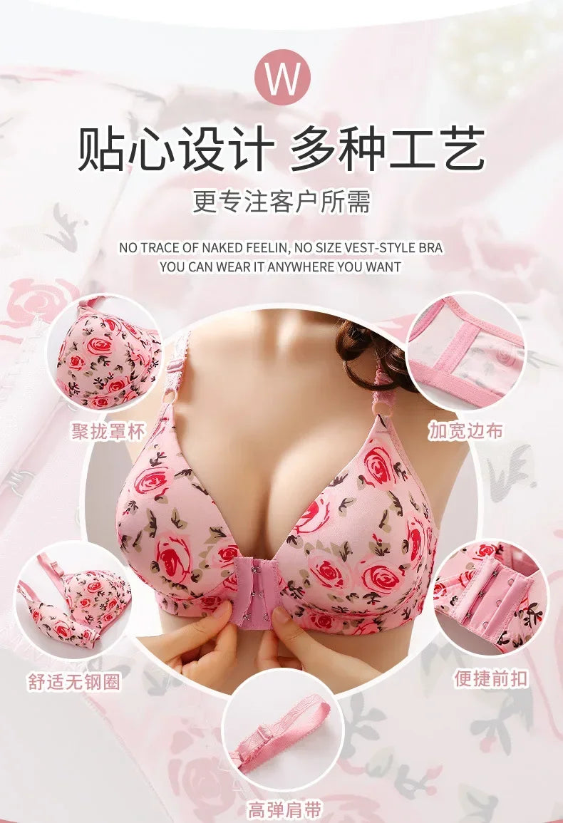 New Sexy Push Up Bras Front Closure Floral Rose Brassiere Wireless Bralette Breast Seamless Bras For Women Underwear Plus Size