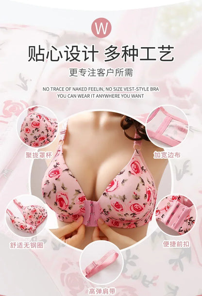 New Sexy Push Up Bras Front Closure Floral Rose Brassiere Wireless Bralette Breast Seamless Bras For Women Underwear Plus Size