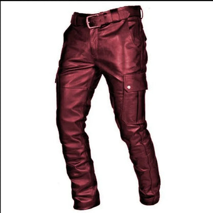 2024 Hot Fashionable and Comfortable Leather Pants for Men with Pure Color PU Strap Leisure and European Style