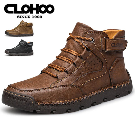 CLOHOO Men PU Leather Hiking Shoes Outdoor Anti-slip Walking Shoes Winter Sport Ankle Boots Soft Sole Lace-up Platform Shoes