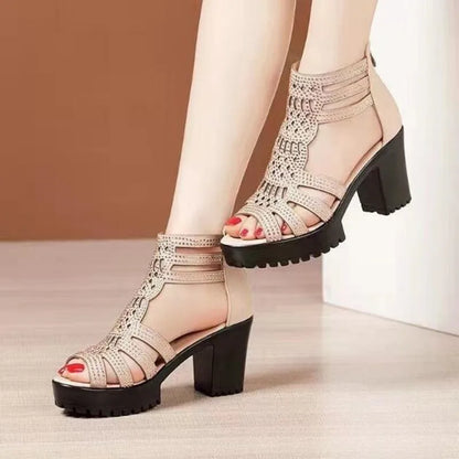 High Heels Gladiator Sandals Woman Open Head Sexy Black Rivet Block Heel Platform Shoes Summer Back Zip Size 35-40 Women Sandals