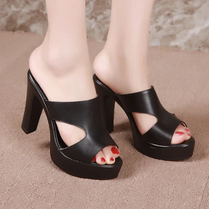 New Women's High Heels Solid Color Simple Slippers Outdoor Dress Sandals Fashion Fish Mouth Shoes Shallow Mouth Pumps Slides