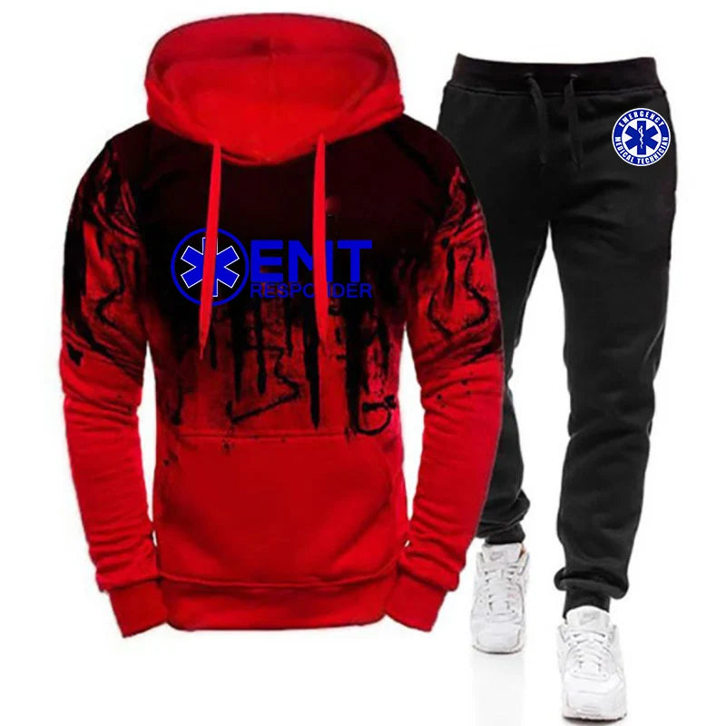 2024 EMT Emergency Ambulance Men New Pullover Hooded Hoodie Tracksuit+Pants Sweatpant Casual Print Harajuku Gradient Color Suits