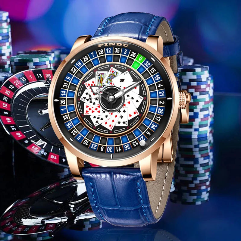 PINDU Design New Mechanical Watch NH35 Poker Rotating Dial Las Vegas Roulette Table Theme Automatic Watch Men's Luminous Hands