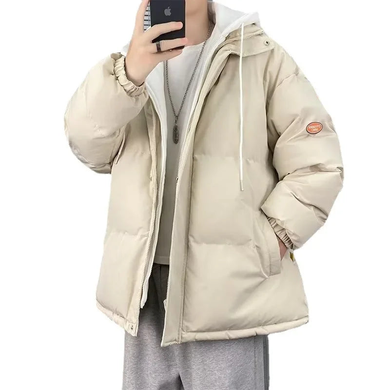 Men's Thickened Warm Cotton Coat Hooded Puffer Jacket Loose Fit Style Winter Parkas Versatile Two-piece Illusion Padded Jacket