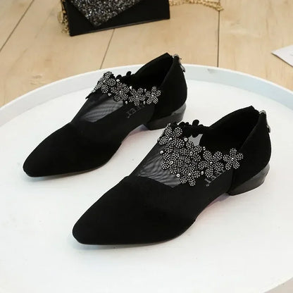 Women 2024 Summer Fashion Black Lace Rhinestone Sandals Flowers Low Heel Sandals Mesh Plus Size Sandalias Mujer Casual Shoes