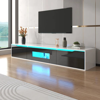 High gloss TV cabinet, lowboard, with multicoloured LED lighting, wall mounting option and dimensions 180cm