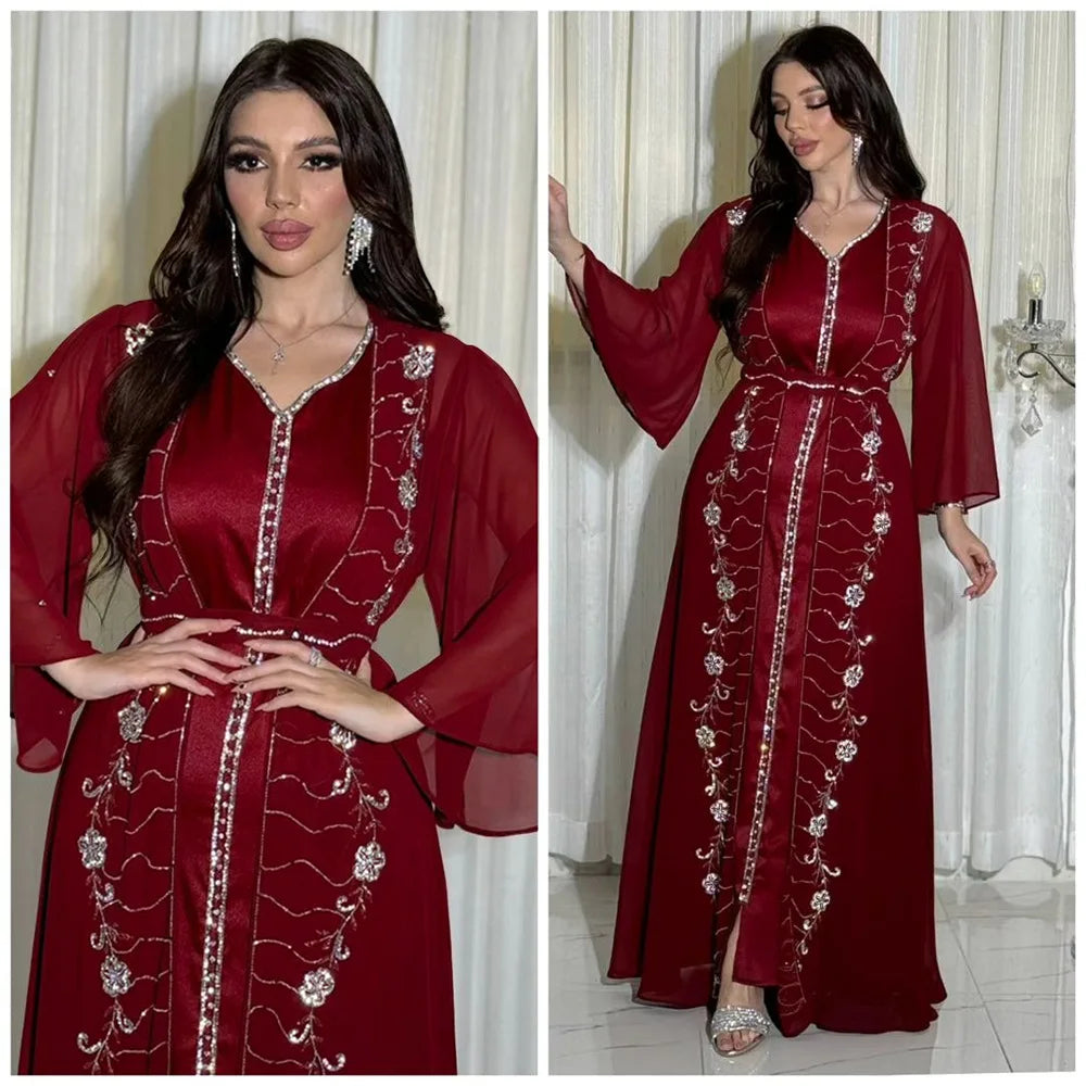 Muslim Middle East Diamonds Jalabiya Women 2 Pieces Dress Set Dubai Turkey Kaftan Abaya Marocain Robe Arabic Djellaba Eid Gown