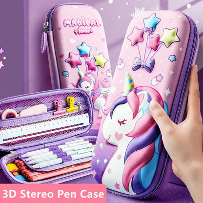 3D Unicorn cute pencil box School student stationery box Children pencil storage box Three layer large capacity pencil case gift