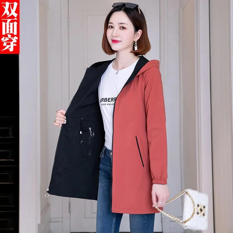 Fashion Double-Sided Wear Trench Coat Women's Mid-Longth Spring Autumn Women's Coats Tops High Quality Hooded Jacket Female Top