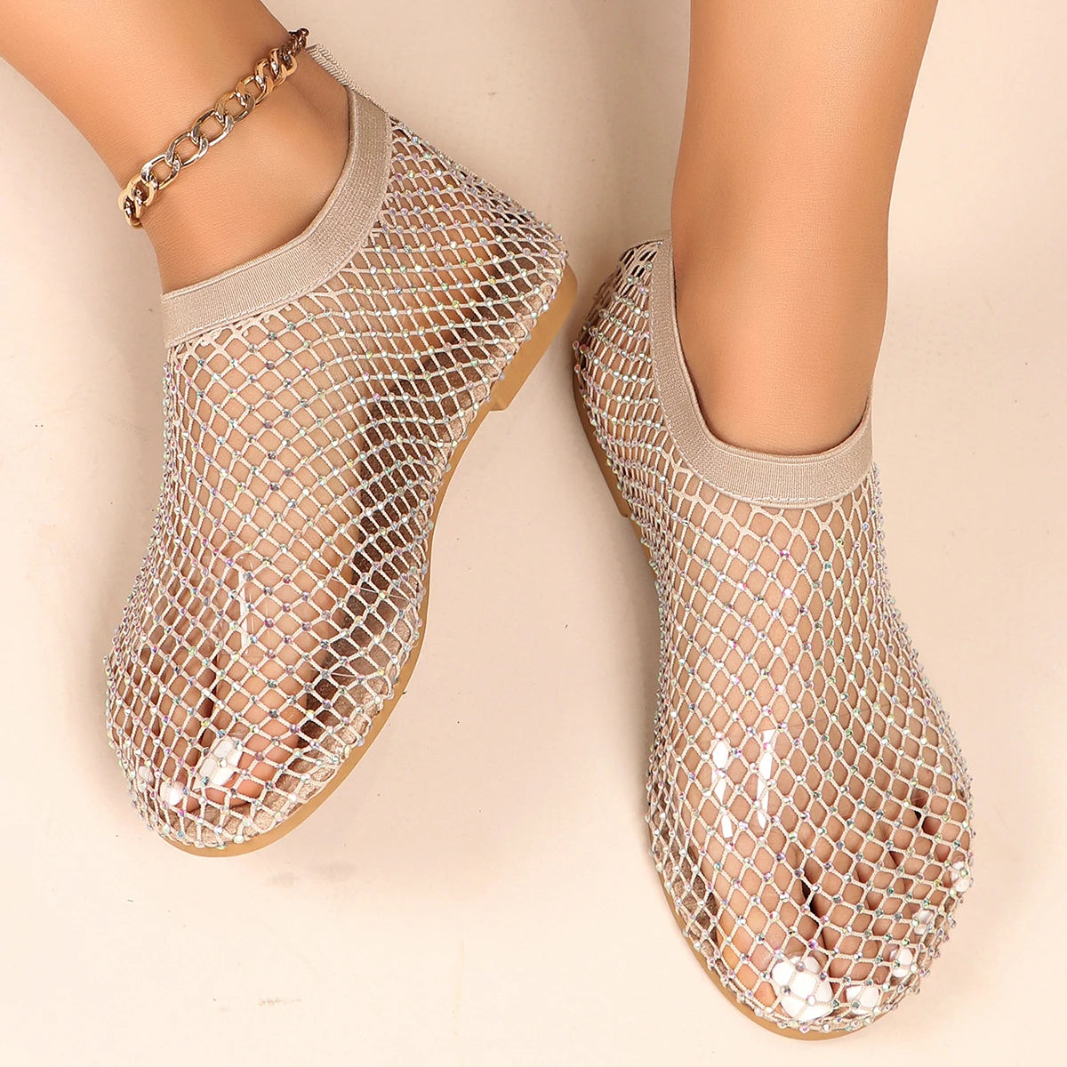 New Women's Luxury Brand Round Toe Flat Bottom Sandals Summer Hollow Short Boots Water Diamond Sexy Flat Bottom Shoes for Women