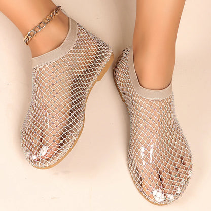 New Women's Luxury Brand Round Toe Flat Bottom Sandals Summer Hollow Short Boots Water Diamond Sexy Flat Bottom Shoes for Women